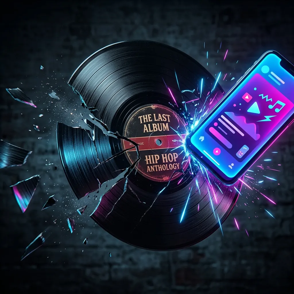 A fractured vinyl record representing the death of the traditional album concept in the modern streaming era.