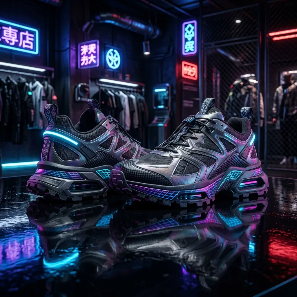 A highly coveted pair of futuristic 2026 streetwear sneakers resting on a reflective, neon-lit surface in a boutique.
