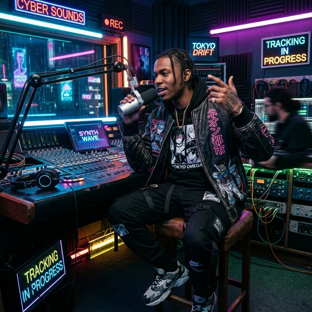 Hip-hop artist in a neon-lit recording studio wearing anime-inspired streetwear