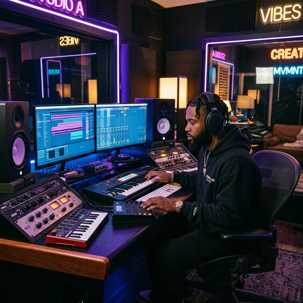 Modern hip-hop music producer working on a dual-monitor DAW setup in a neon-lit studio