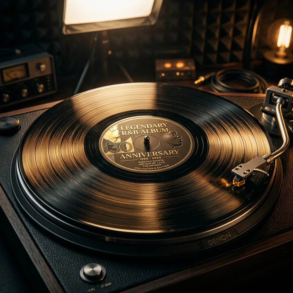 A cinematic, stylistic macro shot of an abstract, premium golden vinyl record catching the light in a dark, moody studio environment.