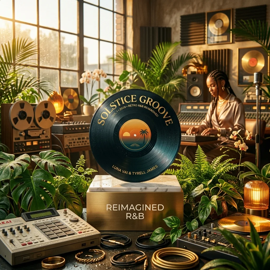 A sleek vinyl record sitting on a pedestal surrounded by tropical greenery in a warm, vintage recording studio