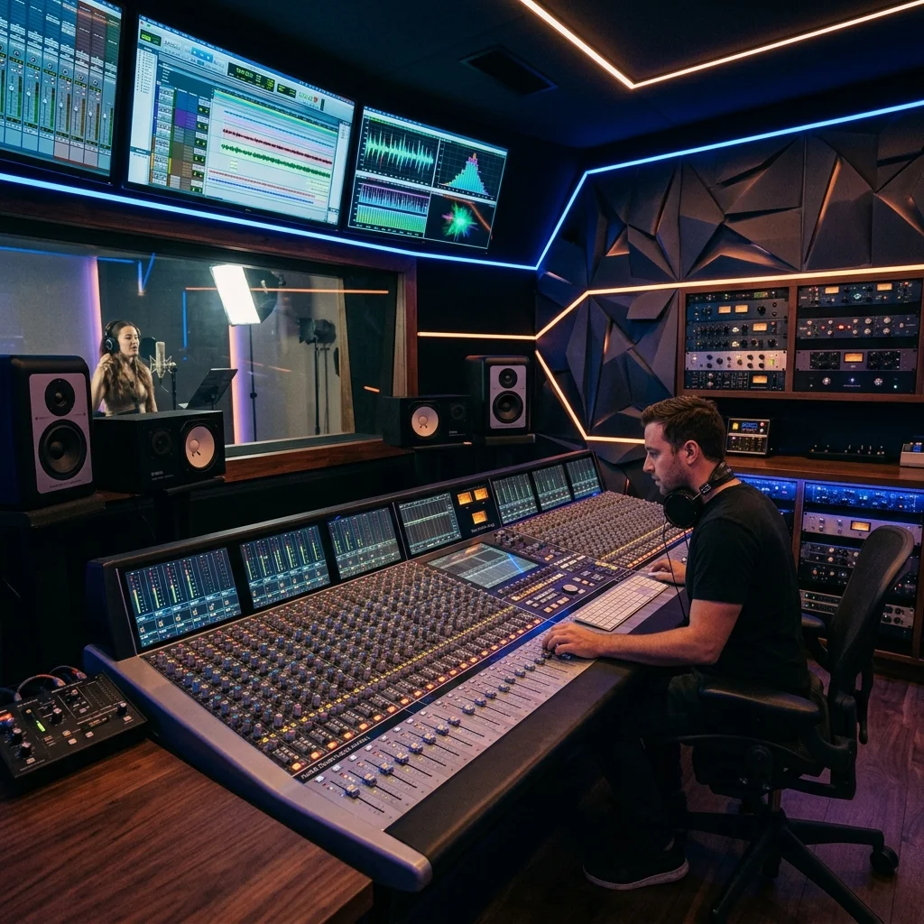 Futuristic high-end recording studio with neon accents
