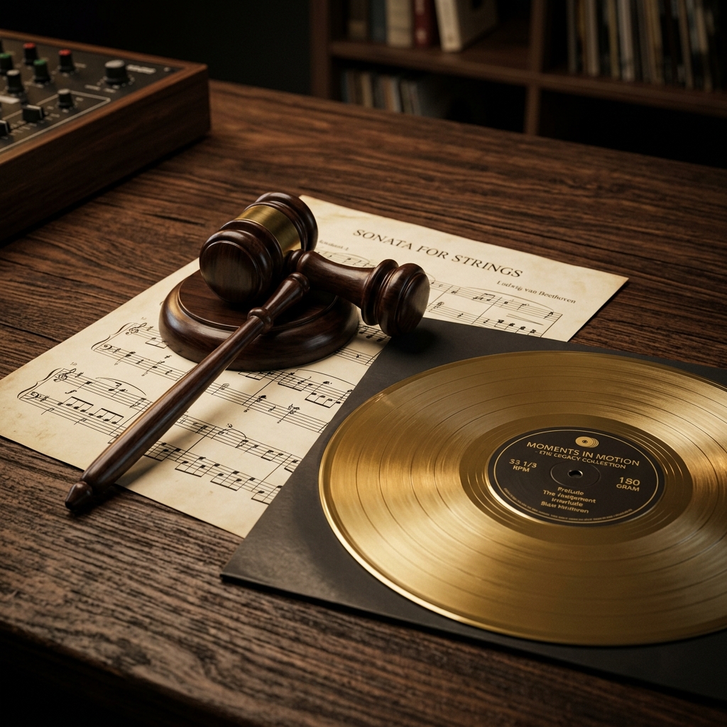 A court gavel on music sheets next to a gold record representing legal disputes in the music industry.