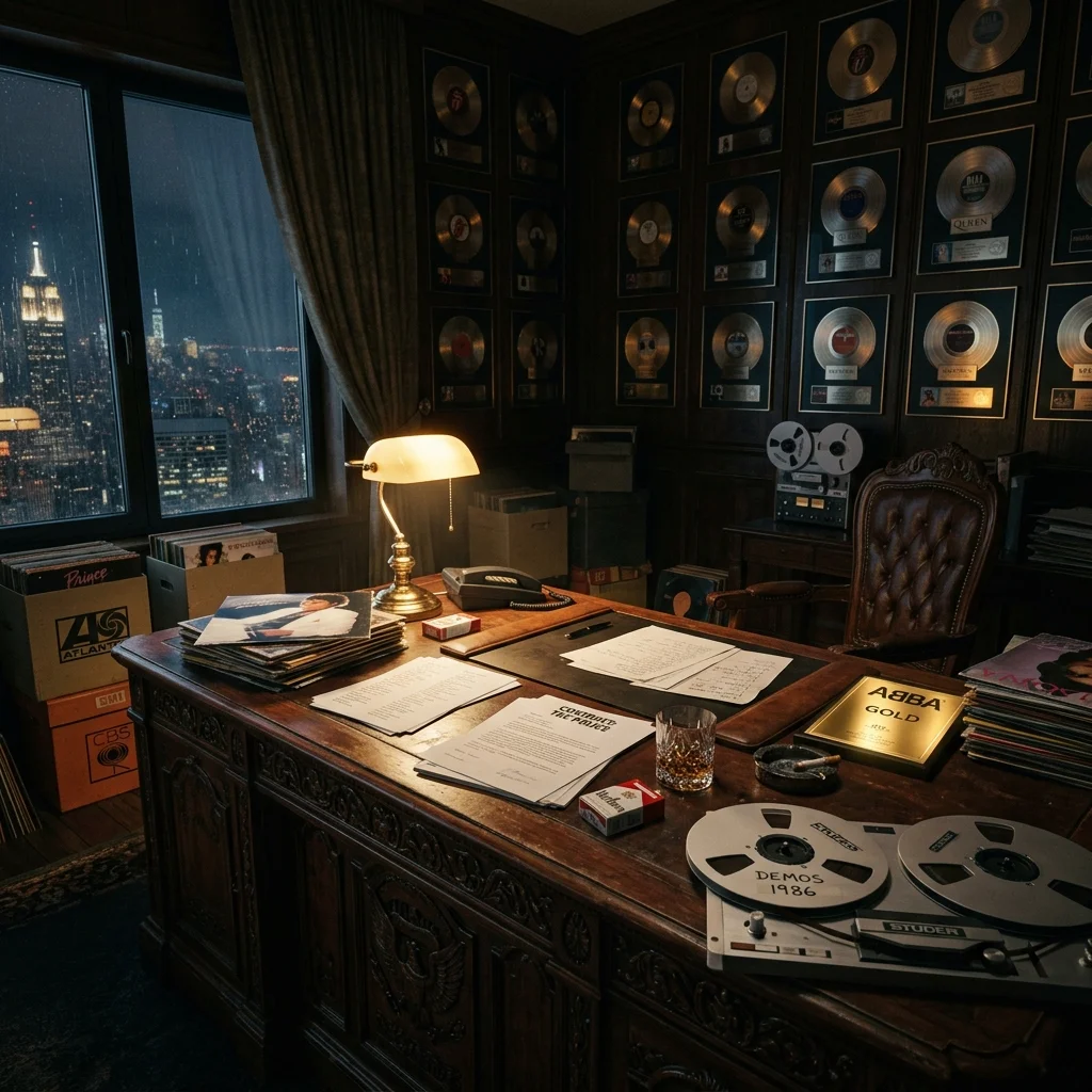 A cinematic, moody, and powerful photograph of a massive, vintage mahogany executive desk in a dimly lit 1980s record label corner office. Gold and platinum record plaques line the walls.