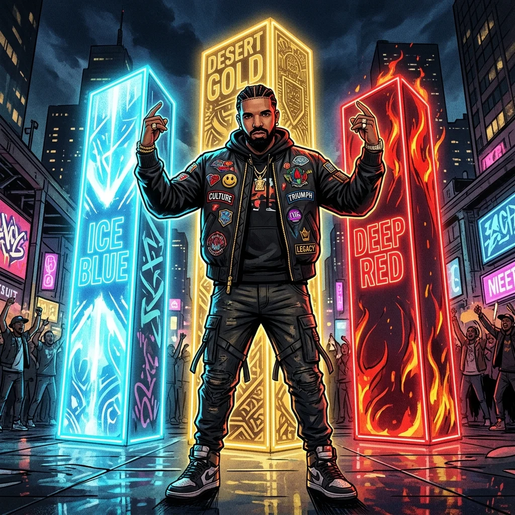 A highly stylized 3D avatar of Drake standing in front of three glowing monoliths representing his three 2026 albums.