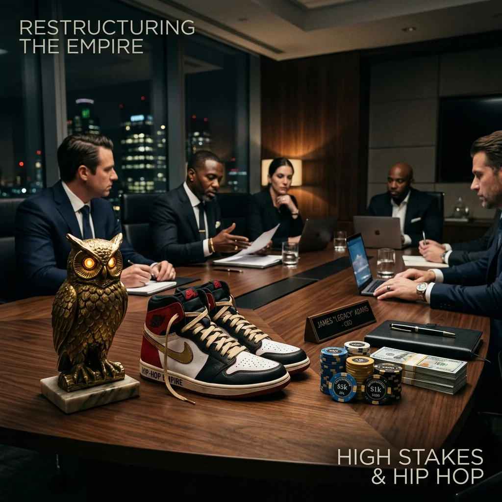 An executive boardroom table with a golden owl statue, premium sneakers, and casino chips.