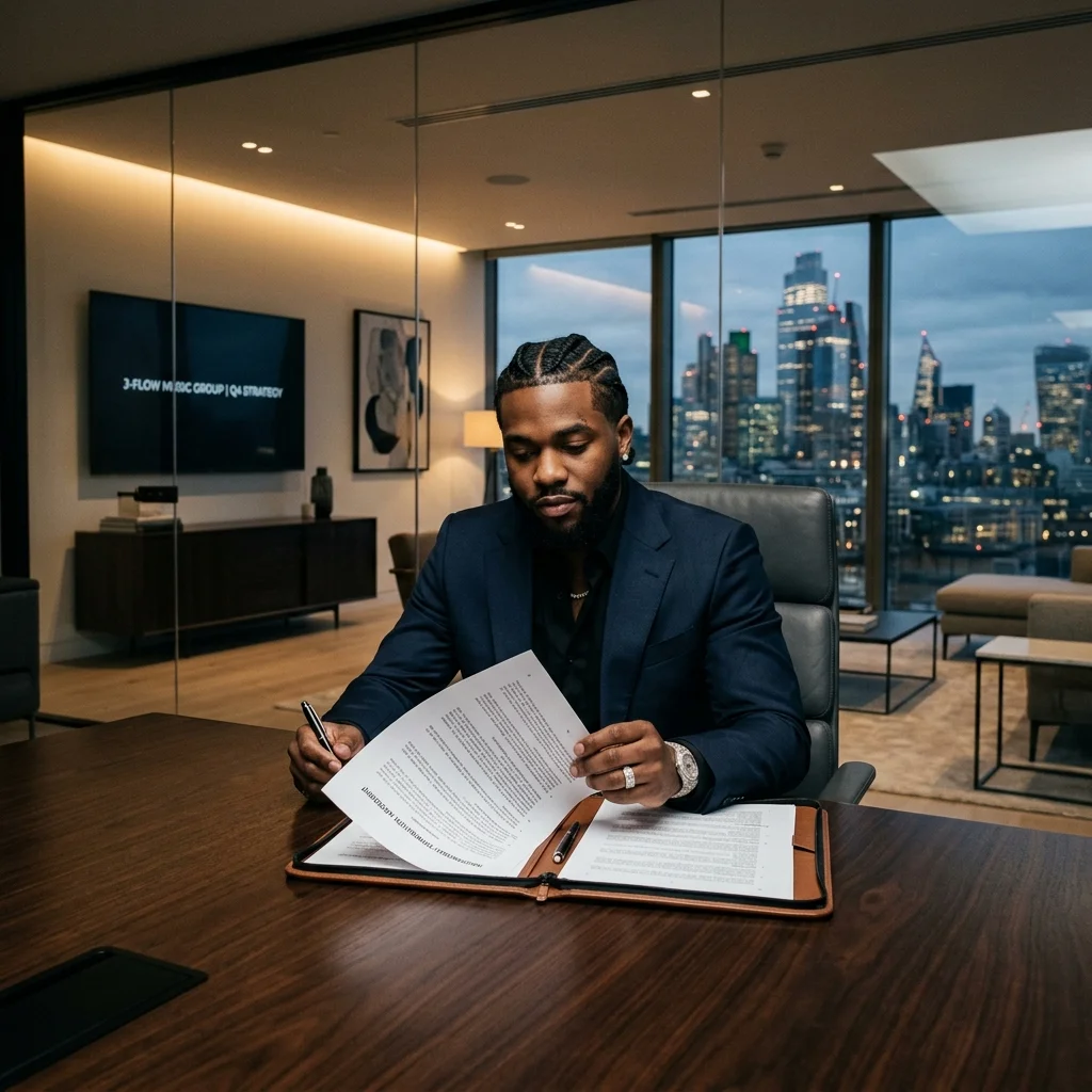 Independent hip-hop artist reviewing a music contract in a corporate boardroom