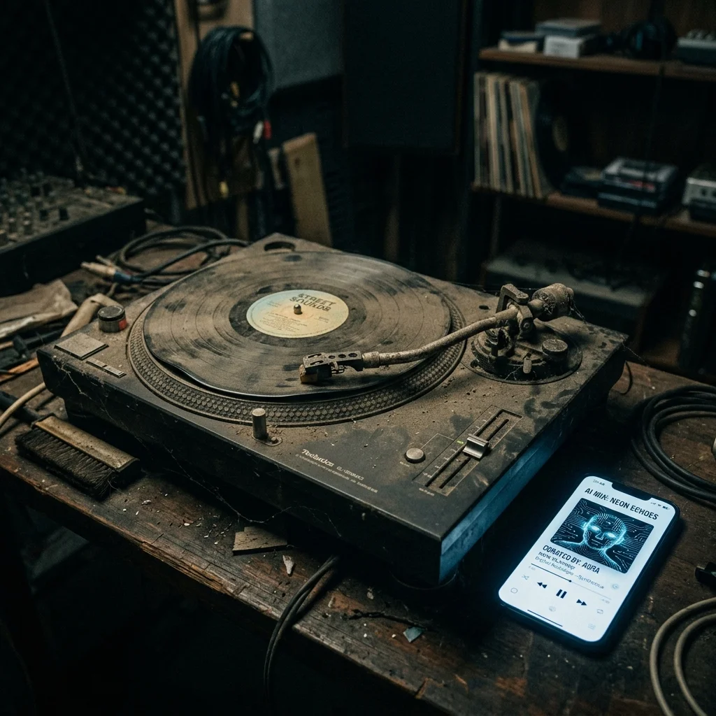 A moody, low-lit studio shot of an abandoned turntable covered in dust, next to a glowing, sterile smartphone displaying an AI playlist.