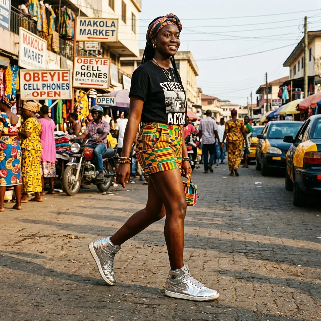 A high-fashion, editorial streetwear photograph taken on the vibrant streets of Accra, Ghana. A local model wears a stunning, metallic chrome Air Jordan sneaker.