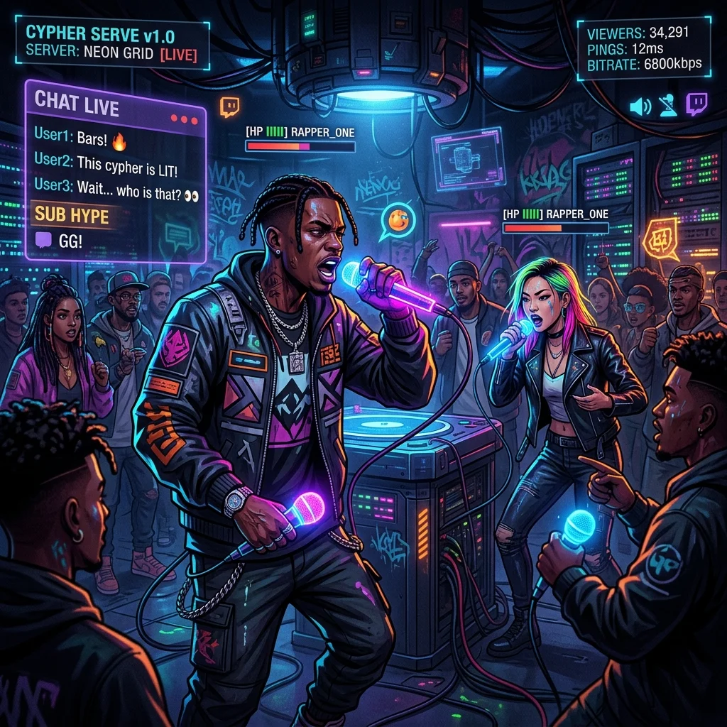 protongamer revolutionizing hip hop digital platforms showing a rap cypher inside a neon lit cyberpunk video game server