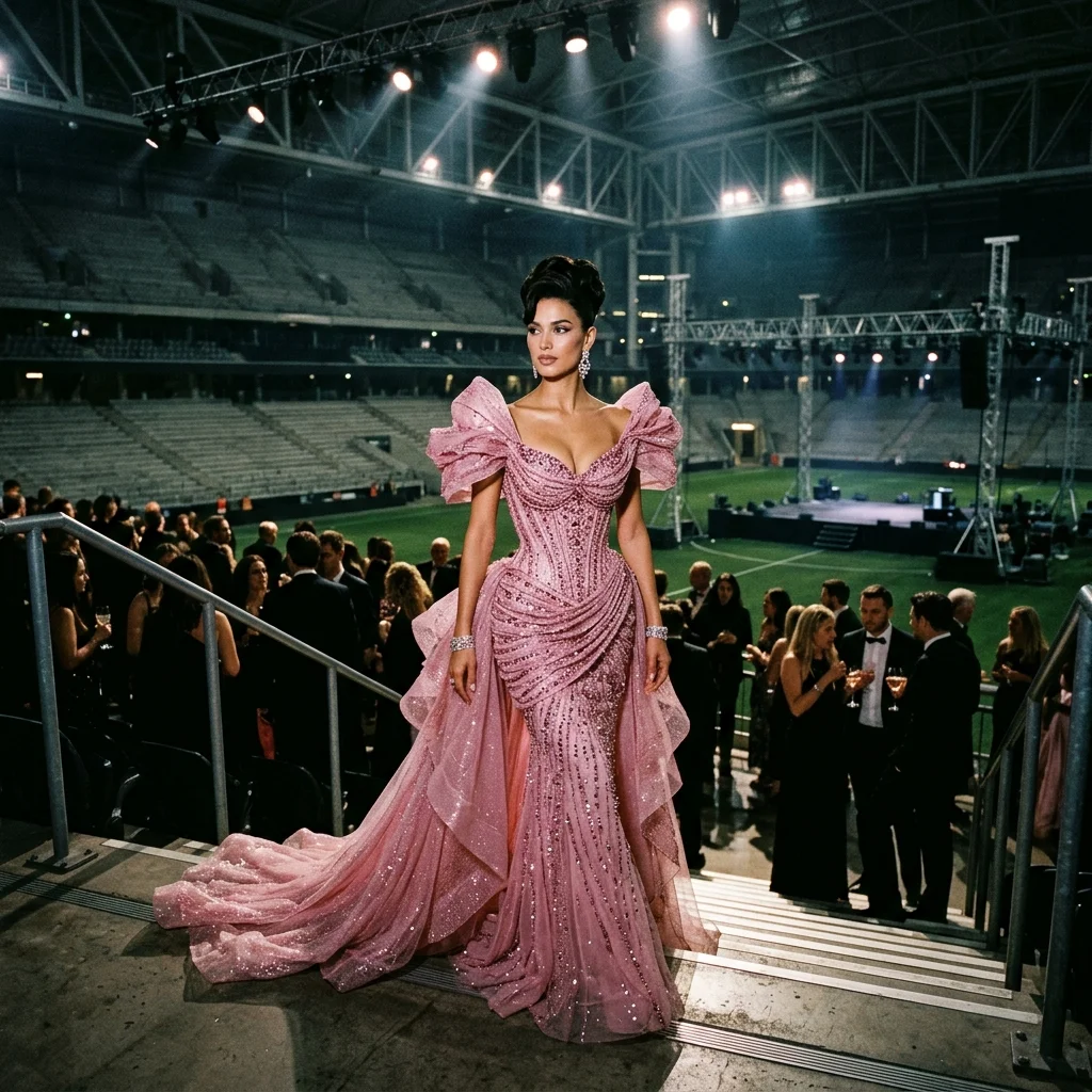 A cinematic fashion photograph of a sparkling pink corseted gown inside a dimly lit stadium arena.