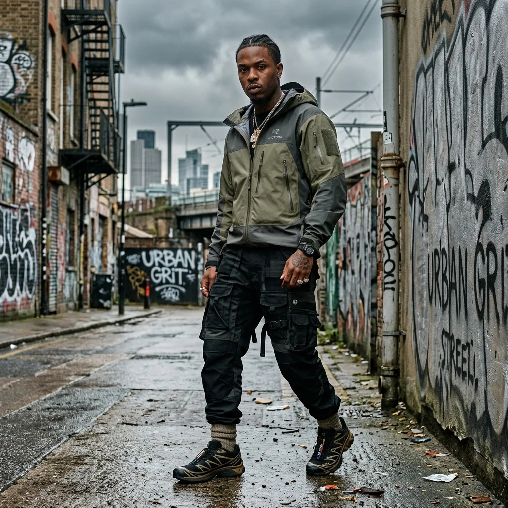 Hip-hop artist in urban environment wearing Gorpcore technical shell jacket and Salomon sneakers