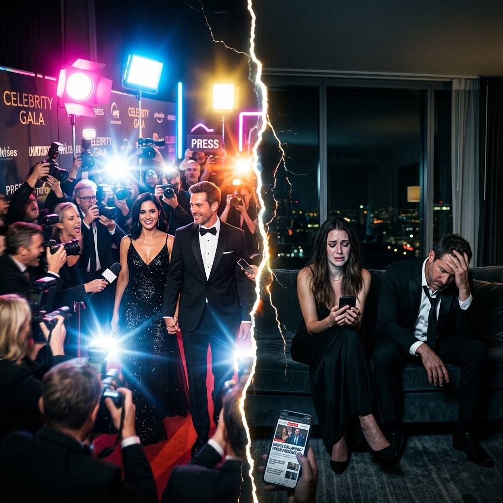 A symbolic split image representing celebrity relationships under media spotlight.