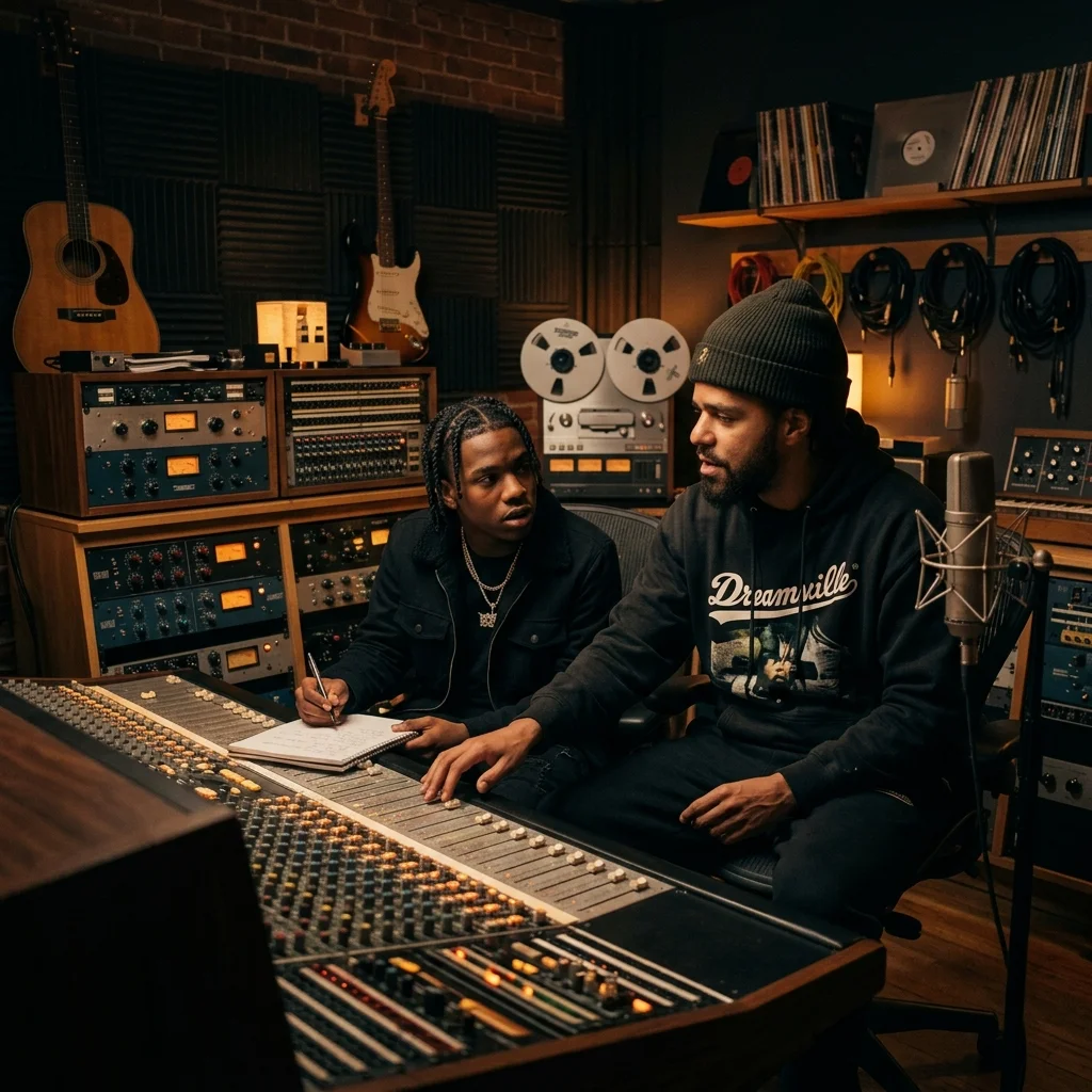 A moody, cinematic shot of J. Cole and PFG in a dimly lit recording studio surrounded by vintage analog gear.