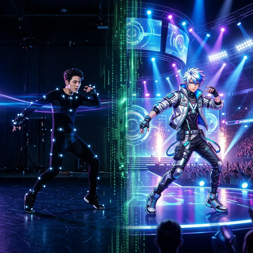 k pop ai virtual idols 2026 conceptual split screen showing a human in a motion capture suit and a flawless anime style virtual idol on stage