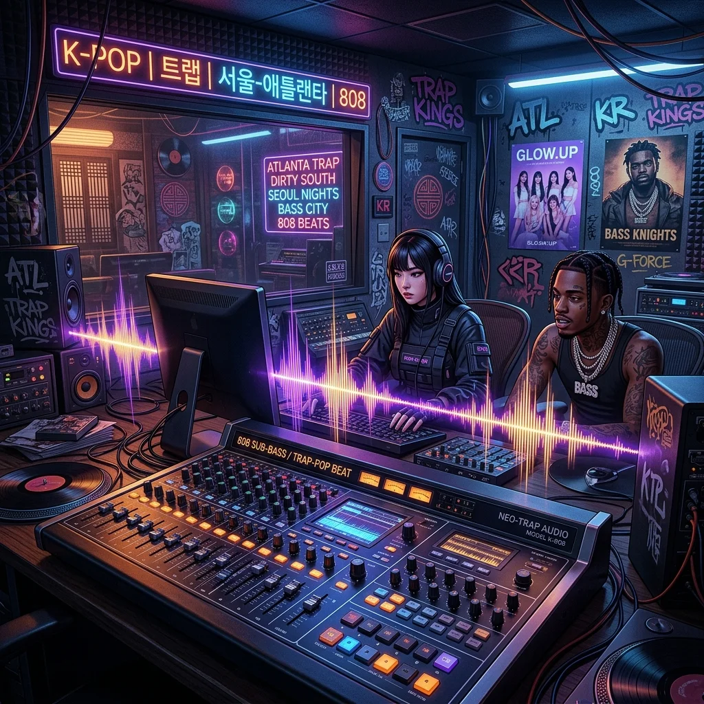 A futuristic recording studio blending K-pop neon aesthetics with Atlanta trap drum machines