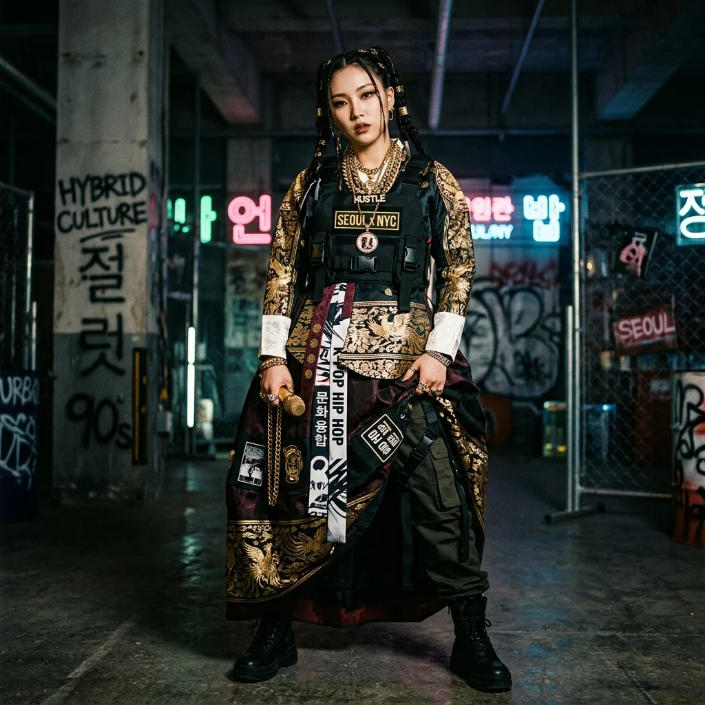 A conceptual blend of traditional Korean hanbok and modern urban hip-hop streetwear