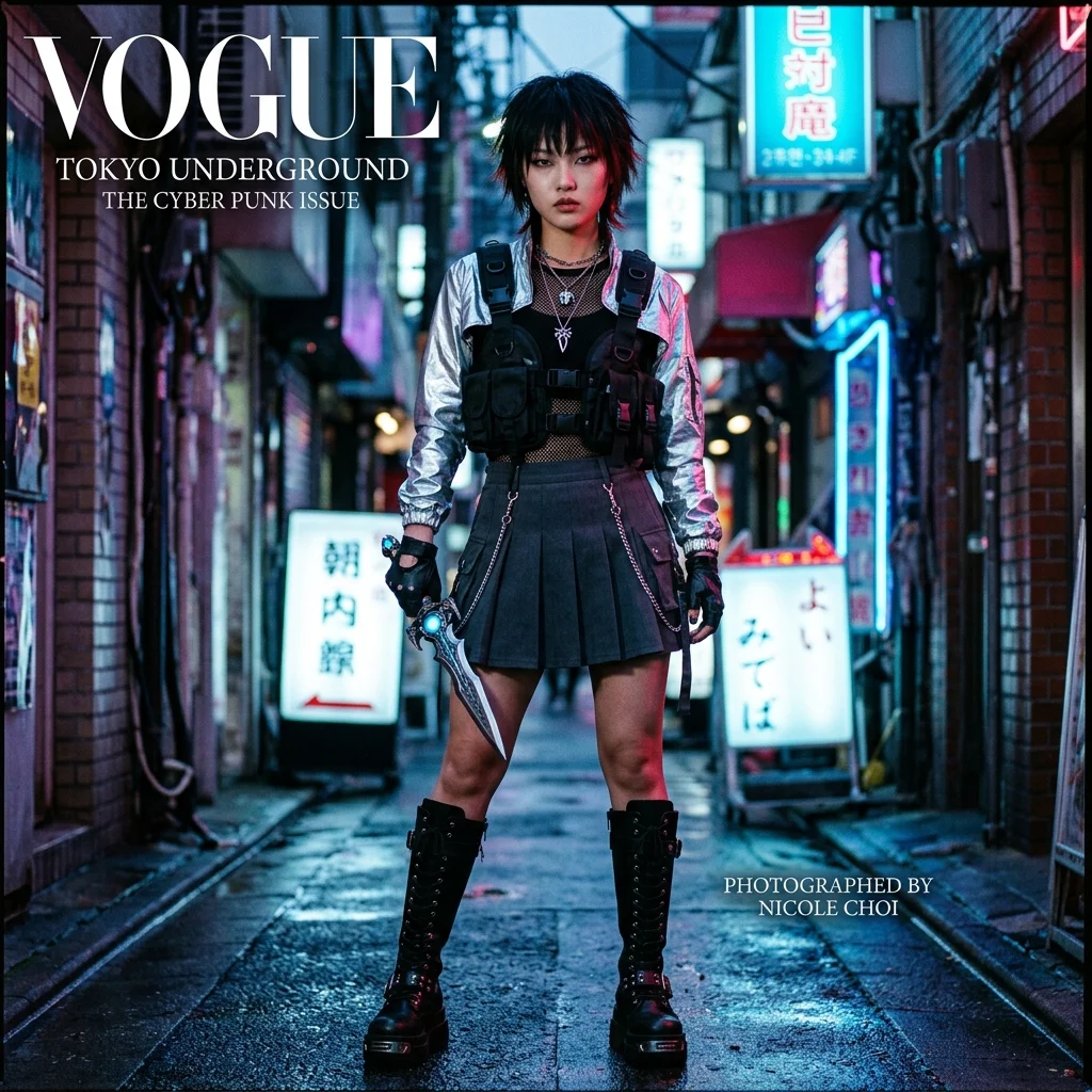 k pop demon hunters costume female model wearing tactical chest rig and cyberpunk fashion on neon tokyo street