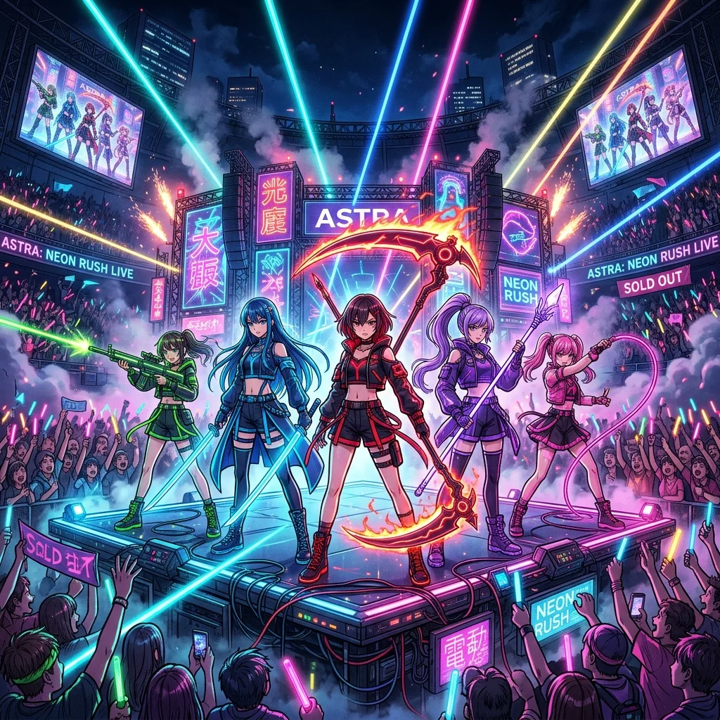 A highly stylized, neon-drenched anime-style illustration of a fierce girl group standing on a massive stadium stage holding glowing neon weapons, surrounded by concert lasers and screaming fans.