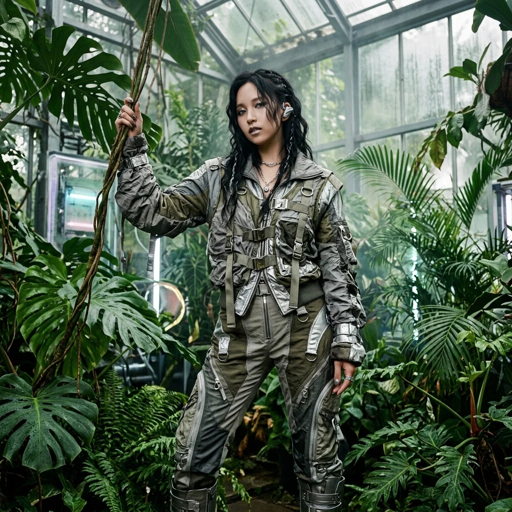 k pop fashion trends 2026 eco-futurism aesthetic showing a female idol in upcycled parachute nylon posing in a lush tropical greenhouse