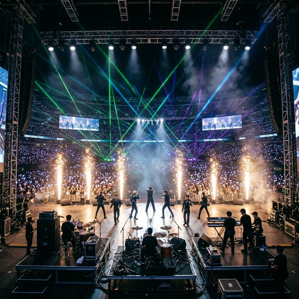 A massive, sold-out global stadium concert for a K-Pop group with intense laser lighting and pyrotechnics