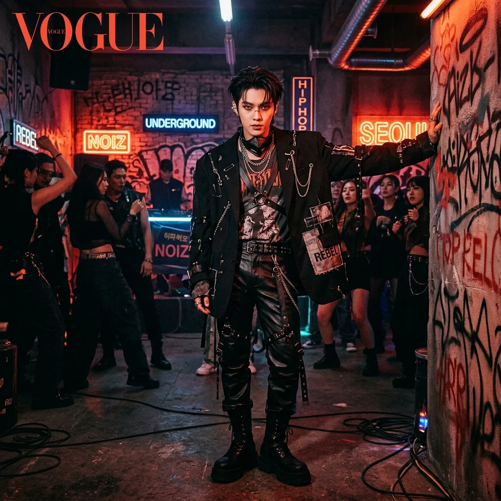 k pop and hip hop intersection trends 2026 showing a heavily styled idol in a gritty underground hip hop club with neon red lighting