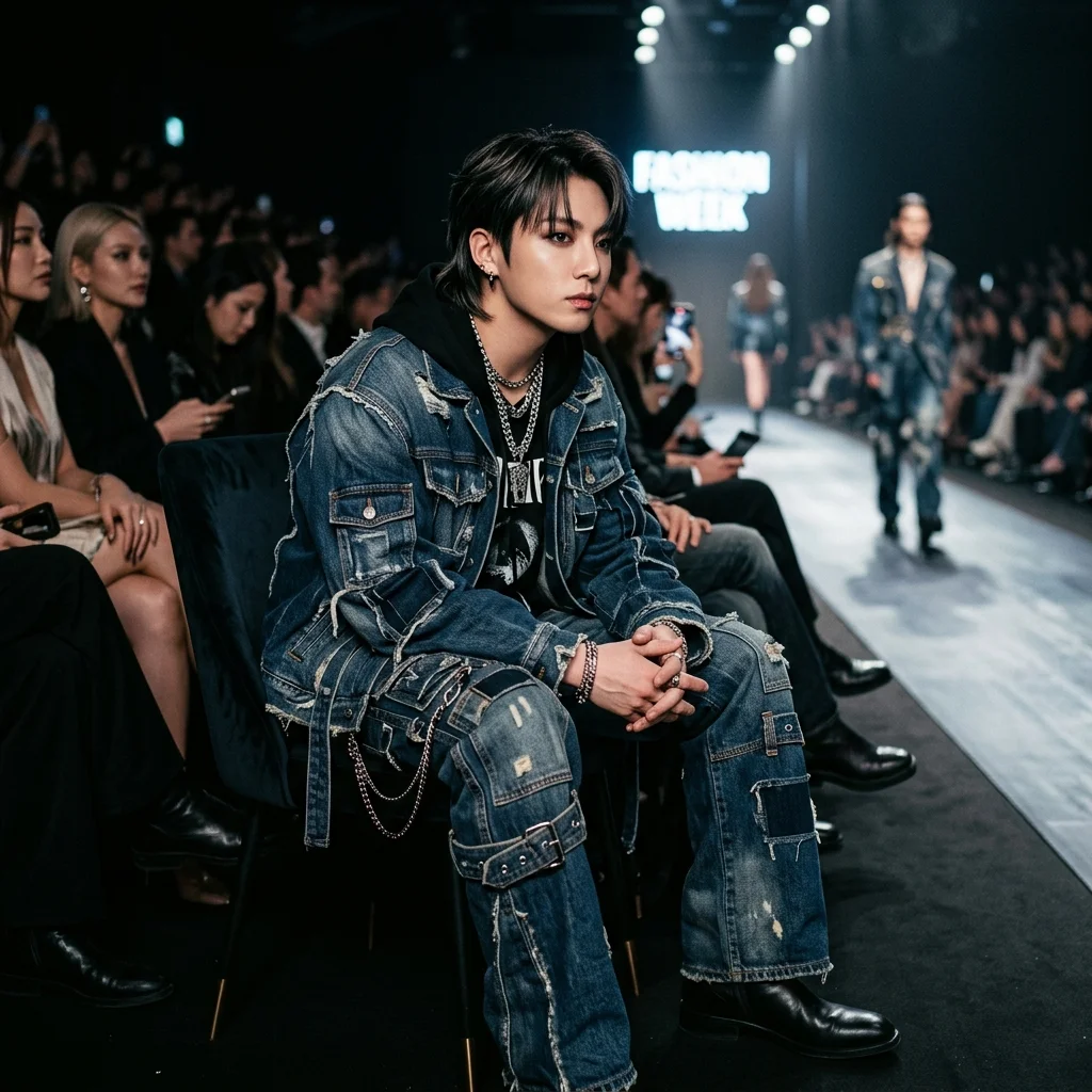 A male K-pop idol wearing avant-garde streetwear sitting front row at a fashion week runway
