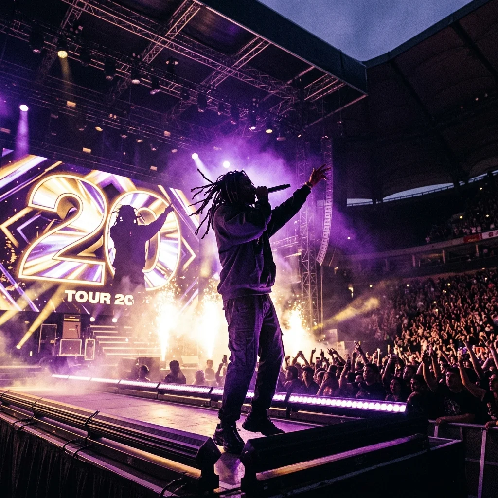 A rapper performing on a massive stage bathed in purple and gold lighting for the 20 Years of Carter Classics tour.
