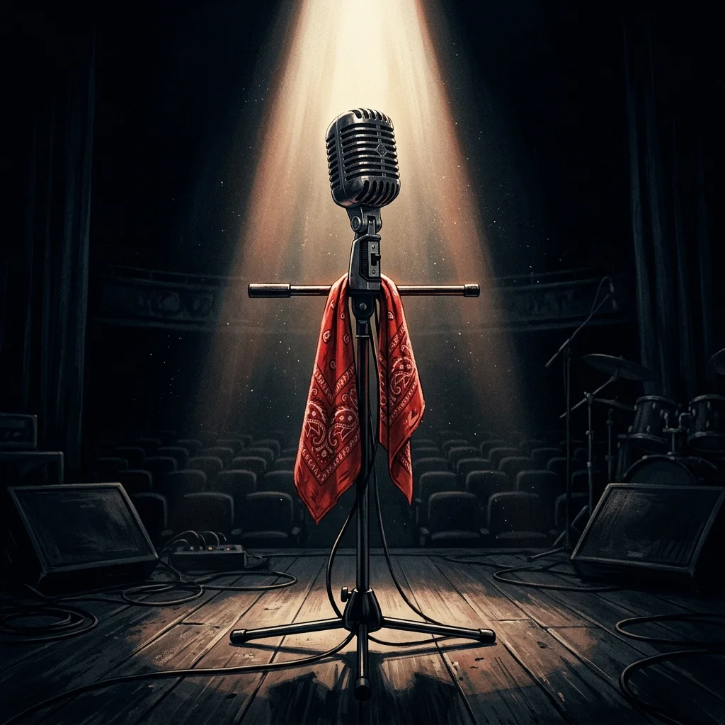 A vintage microphone standing empty under a spotlight with a red bandana draped over it, symbolizing Lil Wayne's paused concert.