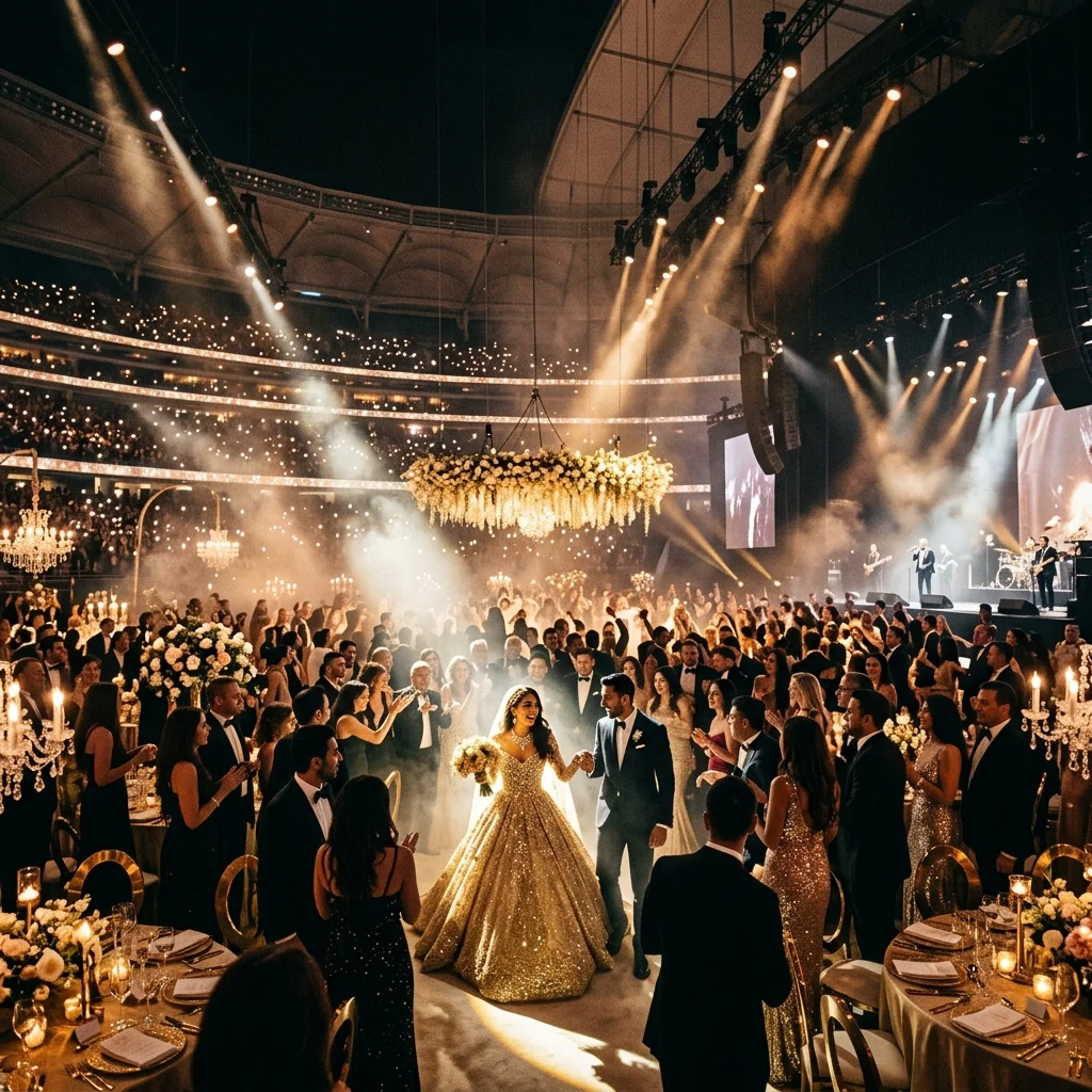 A highly stylized, cinematic photograph of an opulent wedding reception inside a transformed stadium arena.