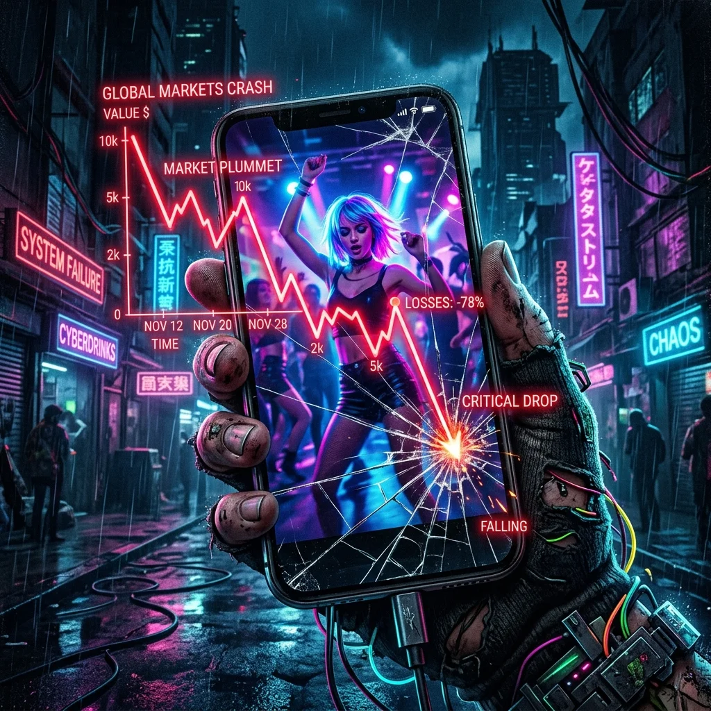 A highly conceptual, neon-lit graphic showing a plummeting financial line chart superimposed over a cracked smartphone screen playing a viral dance video.
