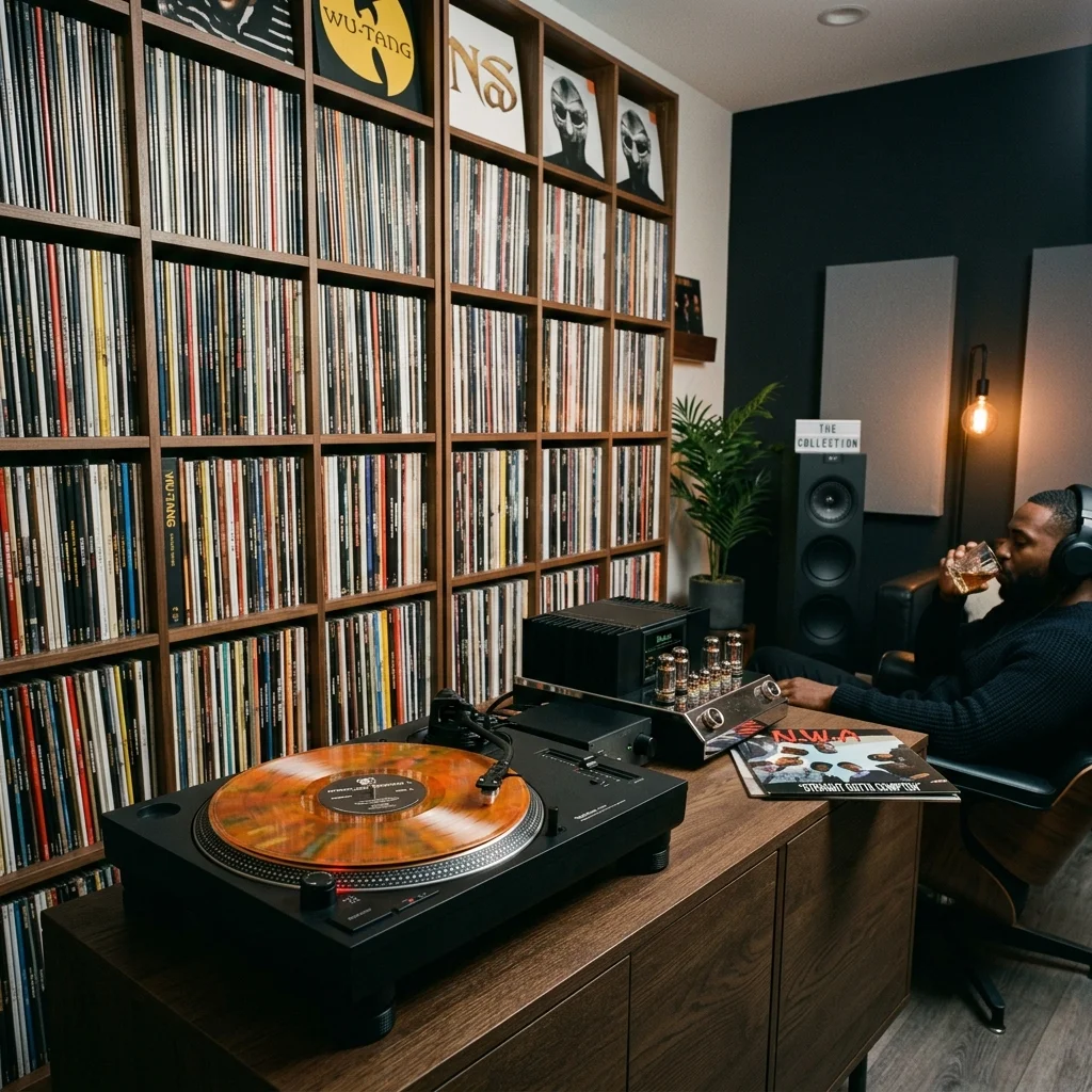 Modern hip-hop vinyl record collection in a sleek listening room