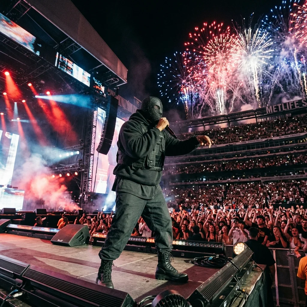 Ye performing in a mask at a stadium concert