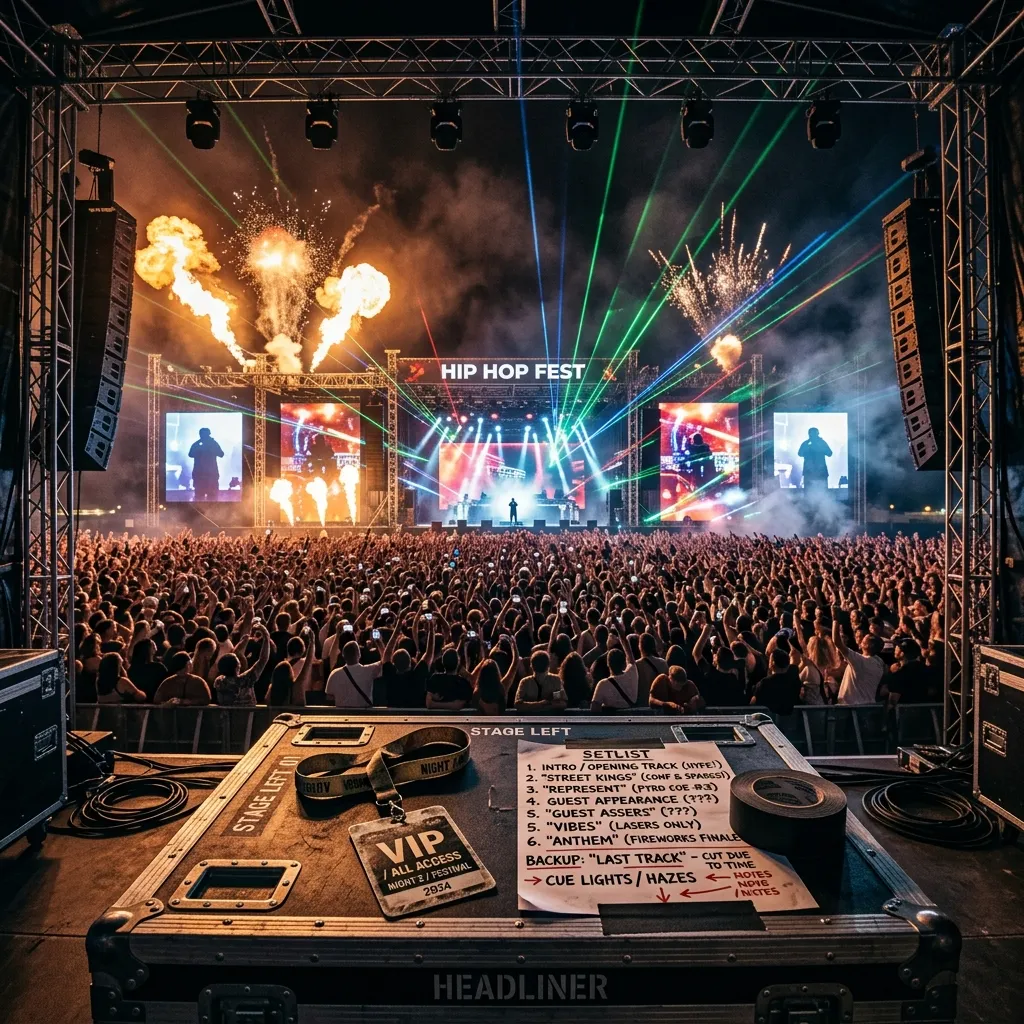 A view from behind a massive festival main stage looking out over an ocean of fans, illuminated by pyrotechnics and lasers.