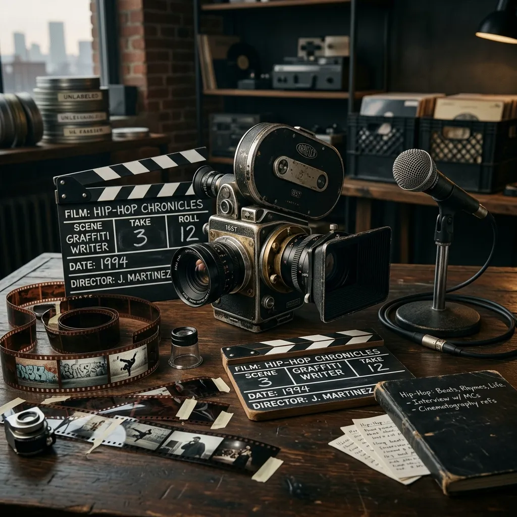 A vintage, high-end 16mm film camera sitting on a dark wooden table next to scattered strips of film negatives and a classic dynamic microphone.