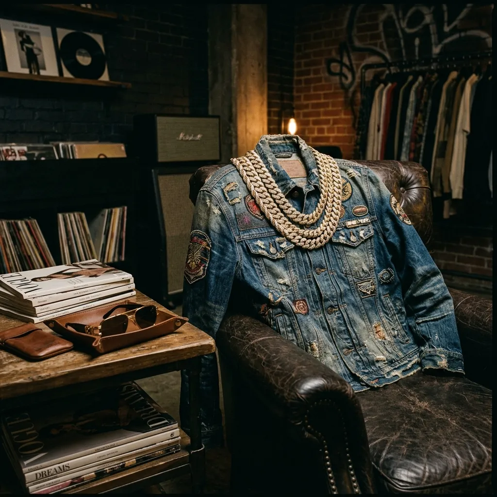 A vintage, heavily customized denim jacket draped over a luxury leather chair with heavy gold chains resting on the collar.