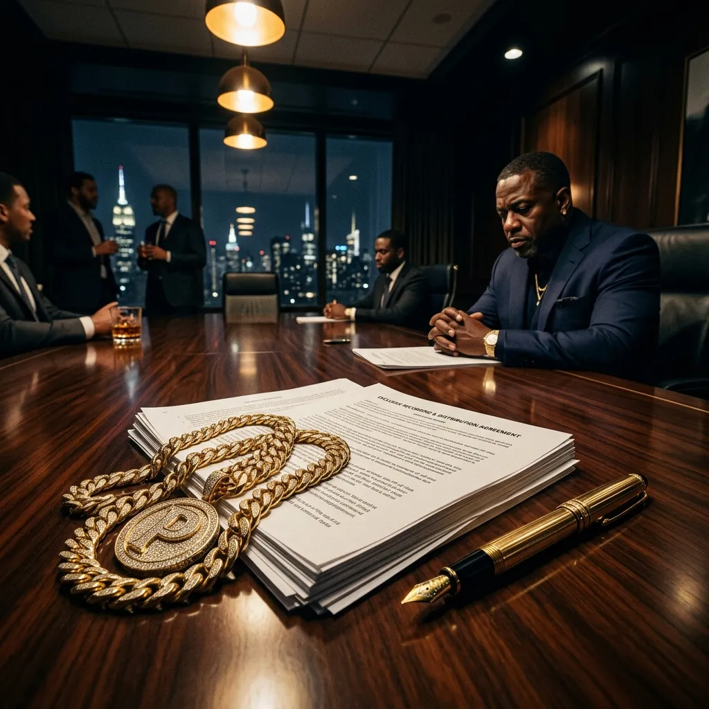 A moody, cinematic view of a luxury boardroom table featuring a thick recording contract, a gold pen, and a heavy gold chain.