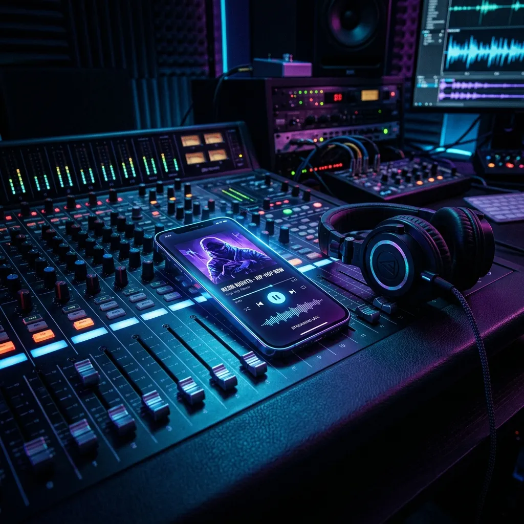 A glowing smartphone displaying a music player interface resting on a dark studio mixing console.