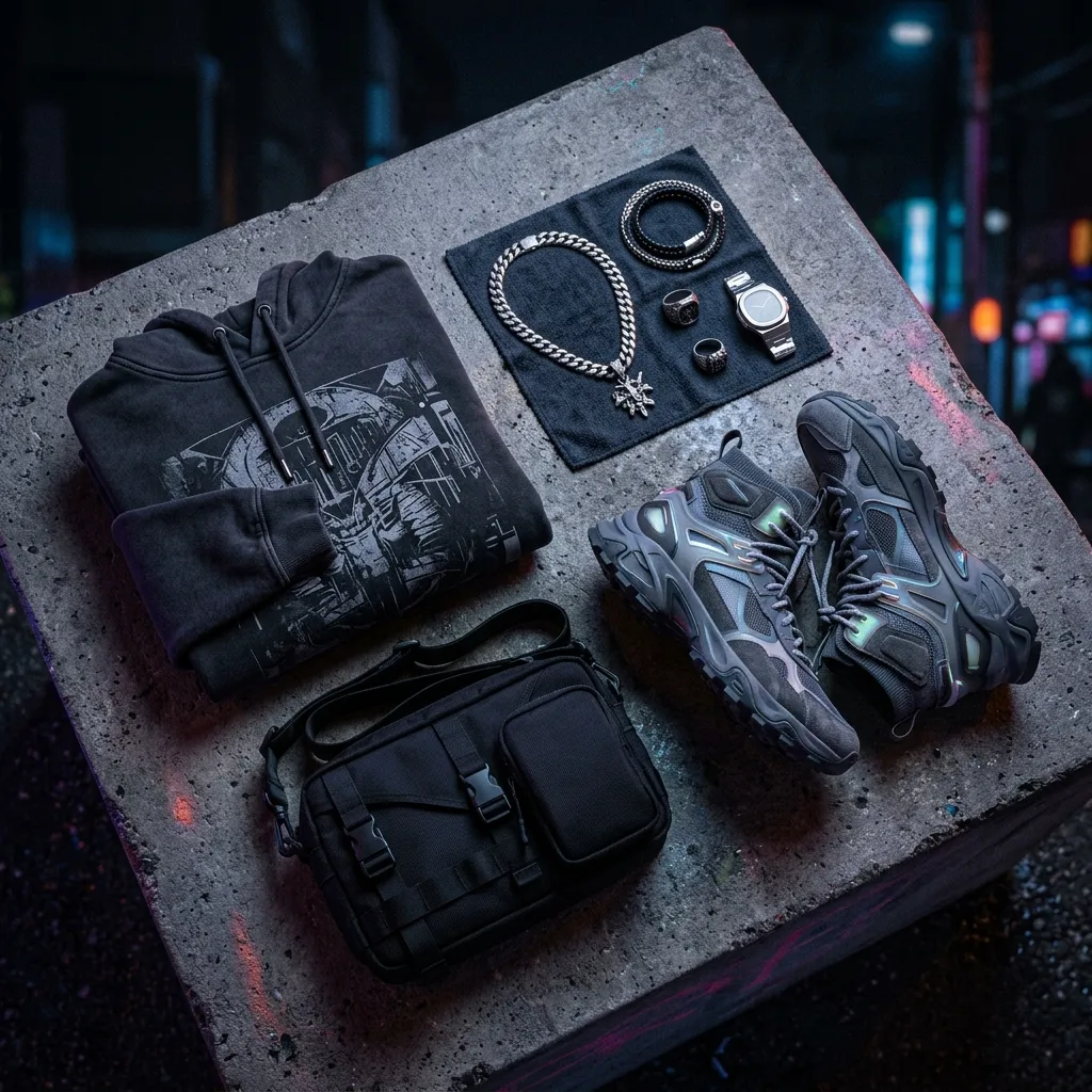 A hyper-realistic flat lay of premium urban streetwear items on a concrete surface, featuring sneakers, a heavy hoodie, and a bag.